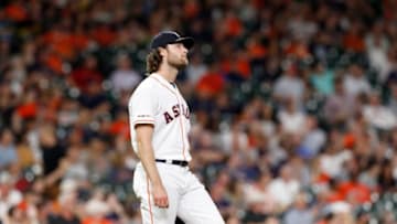 HOUSTON, TX - APRIL 25: Gerrit Cole #45 of the Houston Astros reacts after giving up a home run in the fifth inning against the Cleveland Indians at Minute Maid Park on April 25, 2019 in Houston, Texas. (Photo by Tim Warner/Getty Images)