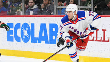 ST. PAUL, MN - FEBRUARY 13: New York Rangers Defenceman Tony DeAngelo (77) skates with the puck during a NHL game between the Minnesota Wild and New York Rangers on February 13, 2018 at Xcel Energy Center in St. Paul, MN. The Wild defeated the Rangers 3-2.(Photo by Nick Wosika/Icon Sportswire via Getty Images)