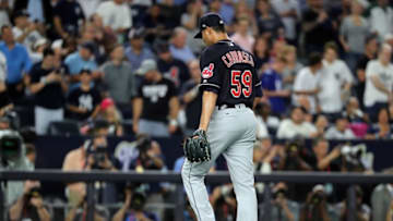 NEW YORK, NY - OCTOBER 08: Carlos Carrasco #59 of the Cleveland Indians leaves the field after being relieved during the sixth inning against the New York Yankees in game three of the American League Division Series at Yankee Stadium on October 8, 2017 in New York City. (Photo by Abbie Parr/Getty Images)
