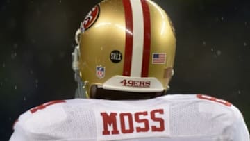 Dec 23, 2012; Seattle, WA, USA; General view of the San Francisco 49ers helmet of receiver Randy Moss with the initials S.H.E.S. in honor of the shooting victims of Sandy Hook elementary school during the game against the Seattle Seahawks at CenturyLink Field. Mandatory Credit: Kirby Lee/Image of Sport-USA TODAY Sports