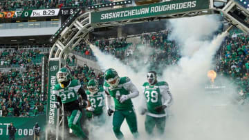 Blace Brown #30, Cameron Judge #4, Kienan LaFrance #27 and Charleston Hughes #39 of the Saskatchewan Roughriders. (Photo by Brent Just/Getty Images)