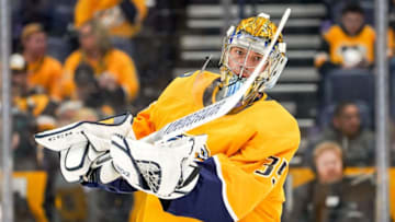 NASHVILLE, TN - DECEMBER 27: Pekka Rinne #35 of the Nashville Predators skates in warm-ups prior to the game against the Pittsburgh Penguins at Bridgestone Arena on December 27, 2019 in Nashville, Tennessee. (Photo by John Russell/NHLI via Getty Images)