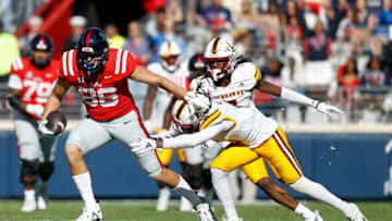 Nov 18, 2023; Oxford, Mississippi, USA; Mississippi Rebels tight end Caden Prieskorn (86) breaks a tackle against the Louisiana Monroe Warhawks during the second half at Vaught-Hemingway Stadium. Mandatory Credit: Petre Thomas-USA TODAY Sports