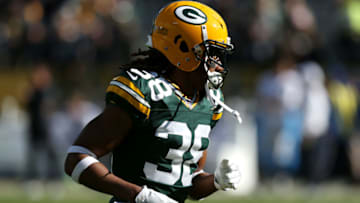 GREEN BAY, WISCONSIN - OCTOBER 20: Tramon Williams #38 of the Green Bay Packers warms up before the game against the Oakland Raiders at Lambeau Field on October 20, 2019 in Green Bay, Wisconsin. (Photo by Dylan Buell/Getty Images)
