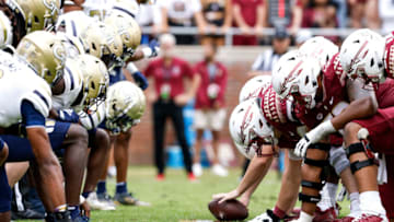 TALLAHASSEE, FL - OCTOBER 29: A general view of the line of scrimamage of the Florida State Seminoles against the Georgia Tech Yellow Jackets during the game at Doak Campbell Stadium on Bobby Bowden Field on October 29, 2022 in Tallahassee, Florida. The Seminoles defeated the Yellow Jackets 41-16. (Photo by Don Juan Moore/Getty Images)
