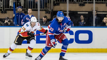 NEW YORK, NY - OCTOBER 21: New York Rangers Center Mika Zibanejad (93) centers the puck in the Flames zone during the third period of a regular season NHL game between the Calgary Flames and the New York Rangers on October 21, 2018, at Madison Square Garden in New York, NY. (Photo by David Hahn/Icon Sportswire via Getty Images)