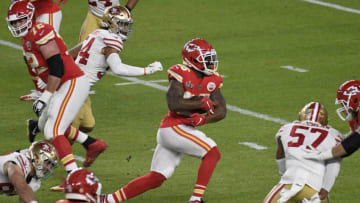 MIAMI, FLORIDA - FEBRUARY 02: Damien Williams #26 of the Kansas City Chiefs carries the ball against the San Francisco 49ers in Super Bowl LIV at Hard Rock Stadium on February 02, 2020 in Miami, Florida. The Chiefs won the game 31-20. (Photo by Focus on Sport/Getty Images)
