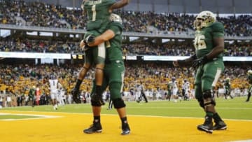 Oct 11, 2014; Waco, TX, USA; Baylor Bears running back Corey Coleman (1) celebrates catching a touchdown with teammates during the fourth quarter against the TCU Horned Frogs at McLane Stadium. Mandatory Credit: Kevin Jairaj-USA TODAY Sports