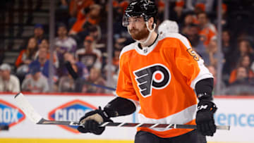 PHILADELPHIA, PENNSYLVANIA - APRIL 13: Tanner Laczynski #58 of the Philadelphia Flyers looks on against the New York Rangers at Wells Fargo Center on April 13, 2022 in Philadelphia, Pennsylvania. (Photo by Tim Nwachukwu/Getty Images)