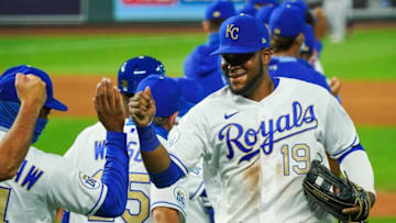 Sep 24, 2020; Kansas City, Missouri, USA; Kansas City Royals center fielder Franchy Cordero (19) celebrates with teammates after defeating the Detroit Tigers at Kauffman Stadium. Mandatory Credit: Jay Biggerstaff-USA TODAY Sports