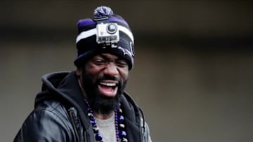 Feb 5, 2013; Baltimore, MD, USA; Baltimore Ravens safety Ed Reed (20) celebrates during the Super Bowl XLVII victory parade at M