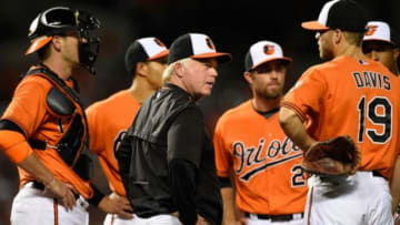Aug 22, 2015; Baltimore, MD, USA; Baltimore Orioles manager Buck Showalter (26) speaks with his infielders on the pitcher