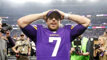 MINNEAPOLIS, MN - JANUARY 14: Case Keenum #7 of the Minnesota Vikings celebrates after defeating the New Orleans Saints in the NFC Divisional Playoff game at U.S. Bank Stadium on January 14, 2018 in Minneapolis, Minnesota. (Photo by Jamie Squire/Getty Images)