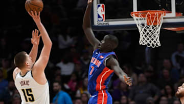 DENVER, CO - MARCH 27: Denver Nuggets center Nikola Jokic (15) shoots over Detroit Pistons forward Thon Maker (7) in the second half at the Pepsi Center March 27, 2019. jokic missed the shot, but Nuggets went on to win 95-92. (Photo by Andy Cross/MediaNews Group/The Denver Post via Getty Images)