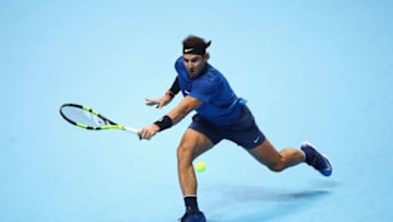 LONDON, ENGLAND - NOVEMBER 13: Rafael Nadal of Spain plays a backhand in his Singles match against David Goffin of Belgium during day two of the Nitto ATP World Tour Finals at O2 Arena on November 13, 2017 in London, England. (Photo by Clive Brunskill/Getty Images)