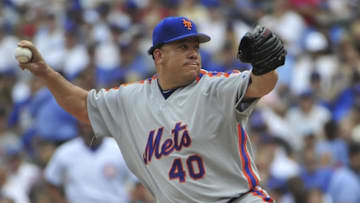 Jul 20, 2016; Chicago, IL, USA; New York Mets starting pitcher Bartolo Colon (40) pitches against the Chicago Cubs during the first inning at Wrigley Field. Mandatory Credit: David Banks-USA TODAY Sports
