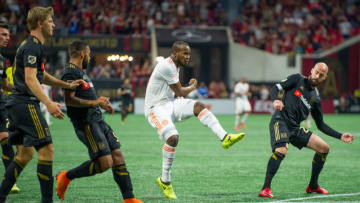 ATLANTA, GA - APRIL 07: Romario Williams (9) of Atlanta United scores a goal late in the second half during a MLS match between Los Angeles FC and Atlanta United FC on April 7, 2018 at Mercedes Benz Stadium in Atlanta, GA. (Photo by John Adams/Icon Sportswire via Getty Images)