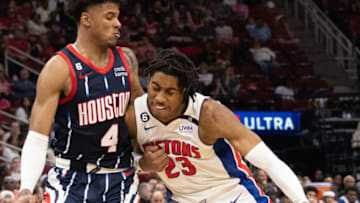 Detroit Pistons guard Jaden Ivey (23) moves into Houston Rockets guard Jalen Green Credit: Thomas Shea-USA TODAY Sports