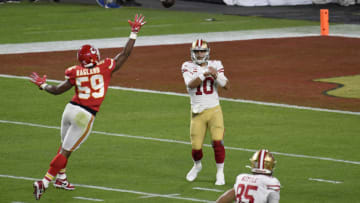 MIAMI, FLORIDA - FEBRUARY 02: Jimmy Garoppolo #10 of the San Francisco 49ers throws a pass against the Kansas City Chiefs in Super Bowl LIV at Hard Rock Stadium on February 02, 2020 in Miami, Florida. The Chiefs won the game 31-20. (Photo by Focus on Sport/Getty Images)
