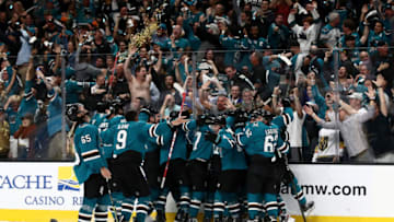 SAN JOSE, CALIFORNIA - APRIL 23: Barclay Goodrow #23 of the San Jose Sharks is congratulated by teammates after he scored the game winning goal in overtime against the Vegas Golden Knights in Game Seven of the Western Conference First Round during the 2019 NHL Stanley Cup Playoffs at SAP Center on April 23, 2019 in San Jose, California. (Photo by Ezra Shaw/Getty Images)