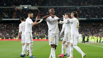 MADRID, SPAIN - MARCH 01: Vinicius Junior of Real Madrid celebrates after scoring his team's first goal during the Liga match between Real Madrid CF and FC Barcelona at Estadio Santiago Bernabeu on March 01, 2020 in Madrid, Spain. (Photo by Gonzalo Arroyo Moreno/Getty Images)