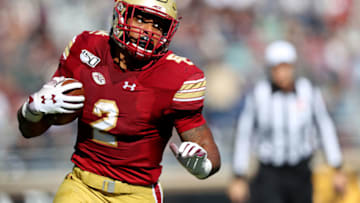 CHESTNUT HILL, MASSACHUSETTS - OCTOBER 19: AJ Dillon #2 of the Boston College Eagles runs the ball during the first half of the game between the Boston College Eagles and the North Carolina State Wolfpack at Alumni Stadium on October 19, 2019 in Chestnut Hill, Massachusetts. (Photo by Maddie Meyer/Getty Images)