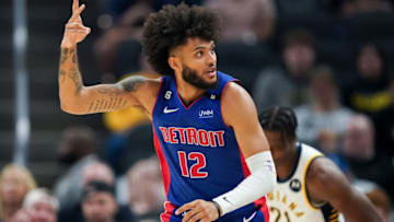 INDIANAPOLIS, INDIANA - OCTOBER 22: Isaiah Livers #12 of the Detroit Pistons reacts after making a shot in the first quarter against the Indiana Pacers at Gainbridge Fieldhouse on October 22, 2022 in Indianapolis, Indiana. NOTE TO USER: User expressly acknowledges and agrees that, by downloading and or using this photograph, User is consenting to the terms and conditions of the Getty Images License Agreement. (Photo by Dylan Buell/Getty Images)