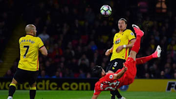 WATFORD, ENGLAND - MAY 01: Emre Can of Liverpool scores the opening goal during the Premier League match between Watford and Liverpool at Vicarage Road on May 1, 2017 in Watford, England. (Photo by Dan Mullan/Getty Images)