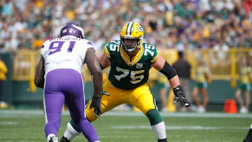 GREEN BAY, WI - SEPTEMBER 16: Bryan Bulaga #75 of the Green Bay Packers in action during the game against the Minnesota Vikings at Lambeau Field on September 16, 2018 in Green Bay, Wisconsin. The game ended in a 29-29 tie. (Photo by Joe Robbins/Getty Images)