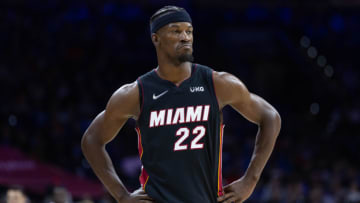 Miami Heat forward Jimmy Butler (22) looks on during a pause in play in the third quarter against the Philadelphia 76ers(Bill Streicher-USA TODAY Sports)