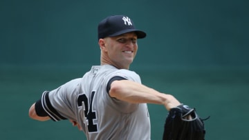 KANSAS CITY, MO - MAY 25: New York Yankees starting pitcher J.A. Happ (34) warms up before the bottom of the first inning of an MLB game between the New York Yankees and Kansas City Royals on May 25, 2019 at Kauffman Stadium in Kansas City, MO. (Photo by Scott Winters/Icon Sportswire via Getty Images)