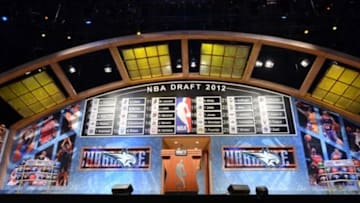 June 28, 2012; Newark, NJ, USA; A general view of the first round draft board at the conclusion of the first round of the 2012 NBA Draft at the Prudential Center. Mandatory Credit: Jerry Lai-USA TODAY Sports