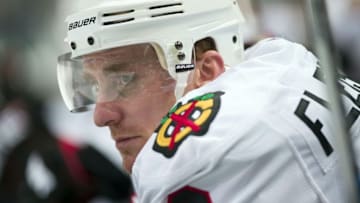 Mar 11, 2016; Dallas, TX, USA; Chicago Blackhawks left wing Tomas Fleischmann (12) watches his team take on the Dallas Stars during the third period at American Airlines Center. Fleischmann scores a goal. The Stars defeat the Blackhawks 5-2. Mandatory Credit: Jerome Miron-USA TODAY Sports