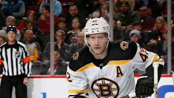 NEWARK, NJ - DECEMBER 31: David Backes #42 of the Boston Bruins skates during an NHL hockey game against the New Jersey Devils on December 31, 2019 at the Prudential Center in Newark, New Jersey. Devils won 3-2 in a shootout. (Photo by Paul Bereswill/Getty Images)