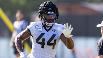 Jul 28, 2022; Jacksonville, FL, USA; Jacksonville Jaguars linebacker Travon Walker (44) participates in training camp at Episcopal School of Jacksonville. Mandatory Credit: Nathan Ray Seebeck-USA TODAY Sports