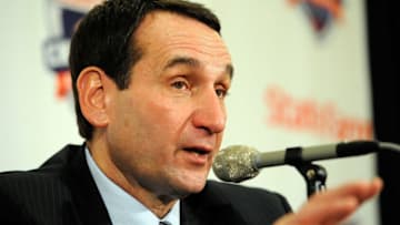 NEW YORK, NY - NOVEMBER 15: Head coach Mike Krzyzewski of the Duke Blue Devils speaks at a press conference after defeating the Michigan State Spartans during the 2011 State Farm Champions Classic at Madison Square Garden on November 15, 2011 in New York City. Krzysewski won his 903rd game and passed Bob Knight to become the all-time winningest coach in Men's Division 1 Basketball. (Photo by Patrick McDermott/Getty Images)
