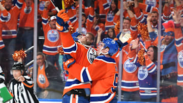 EDMONTON, AB - APRIL 20: Patrick Maroon and Connor McDavid. (Photo by Andy Devlin/NHLI via Getty Images)
