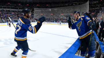 ST. LOUIS, MO - NOVEMBER 23: Alex Pietrangelo #27 of the St. Louis Blues is congratulated by Vladimir Tarasenko #91 of the St. Louis Blues after scoring a goal against the Nashville Predators at Enterprise Center on November 23, 2018 in St. Louis, Missouri. (Photo by Scott Rovak/NHLI via Getty Images)