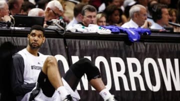 Apr 30, 2015; San Antonio, TX, USA; San Antonio Spurs power forward Tim Duncan (21) waits to enter the game against the Los Angeles Clippers in game six of the first round of the NBA Playoffs at AT&T Center. Mandatory Credit: Soobum Im-USA TODAY Sports
