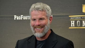 Feb 6, 2016; San Francisco, CA, USA; Brett Favre smiles during a press conference to announce the Pro Football Hall of Fame Class of 2016 at Bill Graham Civic Auditorium. Mandatory Credit: Kirby Lee-USA TODAY Sports