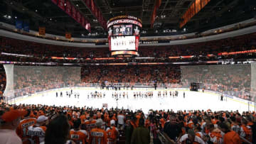 Apr 24, 2016; Philadelphia, PA, USA; The Washington Capitals and Philadelphia Flyers shake hands after game six of the first round of the 2016 Stanley Cup Playoffs at Wells Fargo Center. The Capitals won 1-0. Mandatory Credit: Derik Hamilton-USA TODAY Sports