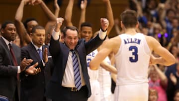 DURHAM, NC - MARCH 03: Head coach Mike Krzyzewski of the Duke Blue Devils celebrates with Grayson Allen