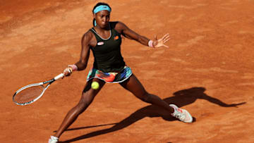 ROME, ITALY - MAY 15: Cori Gauff of the USA plays a forehand during her semi-final match with Iga Swiatek of Poland on Day Eight of the Internazionali BNL D'Italia 2021 at Foro Italico on May 15, 2021 in Rome, Italy.. (Photo by Clive Brunskill/Getty Images)