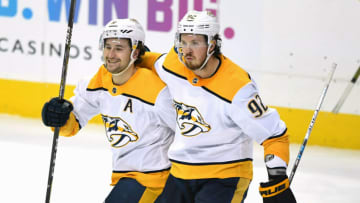 Nashville Predators left wing Filip Forsberg (9) and center Ryan Johansen (92) Mandatory Credit: Shanna Lockwood-USA TODAY Sports