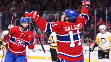 MONTREAL, QC - MARCH 02: Montreal Canadiens right wing Brendan Gallagher (11) celebrates his goal during the Pittsburgh Penguins versus the Montreal Canadiens game on March 02, 2019, at Bell Centre in Montreal, QC (Photo by David Kirouac/Icon Sportswire via Getty Images)