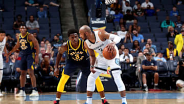 MEMPHIS, TN - OCTOBER 6: Jevon Carter #3 of the Memphis Grizzlies handles the ball against the Indiana Pacers during a pre-season game on October 6, 2018 at FedExForum in Memphis, Tennessee. NOTE TO USER: User expressly acknowledges and agrees that, by downloading and or using this Photograph, user is consenting to the terms and conditions of the Getty Images License Agreement. Mandatory Copyright Notice: Copyright 2018 NBAE (Photo by Joe Murphy/NBAE via Getty Images)