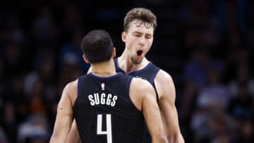 PHOENIX, ARIZONA - MARCH 16: Franz Wagner #22 celebrates a basket with Jalen Suggs #4 of the Orlando Magic during the game against the Phoenix Suns at Footprint Center on March 16, 2023 in Phoenix, Arizona. The Suns beat the Magic 116-113. NOTE TO USER: User expressly acknowledges and agrees that, by downloading and or using this photograph, User is consenting to the terms and conditions of the Getty Images License Agreement. (Photo by Chris Coduto/Getty Images)