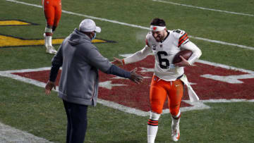 PITTSBURGH, PA - JANUARY 11: Baker Mayfield #6 of the Cleveland Browns celebrates against the Pittsburgh Steelers on January 11, 2021 at Heinz Field in Pittsburgh, Pennsylvania. (Photo by Justin K. Aller/Getty Images)