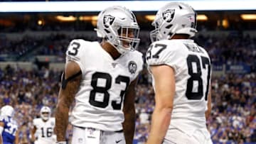 INDIANAPOLIS, INDIANA - SEPTEMBER 29: Darren Waller #83 and Foster Moreau #87 of the Oakland Raiders celebrate a touchdown during the first quarter against the Indianapolis Colts at Lucas Oil Stadium on September 29, 2019 in Indianapolis, Indiana. (Photo by Justin Casterline/Getty Images)