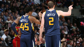 SALT LAKE CITY, UT - MARCH 20: Donovan Mitchell #45 of the Utah Jazz and Joe Ingles #2 of the Utah Jazz look on during the game against the Atlanta Hawks on March 20, 2018 at vivint.SmartHome Arena in Salt Lake City, Utah. Copyright 2018 NBAE (Photo by Melissa Majchrzak/NBAE via Getty Images)